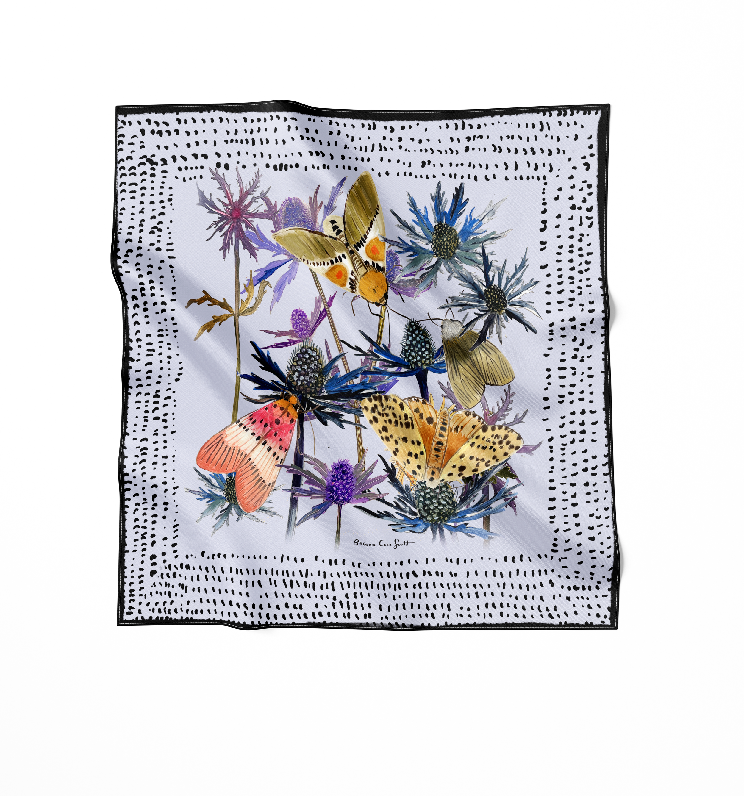 moths, Square silk scarf with bright pink and red floral illustration on a soft background, designed by Briana Corr Scott and printed in Montreal, Canada.