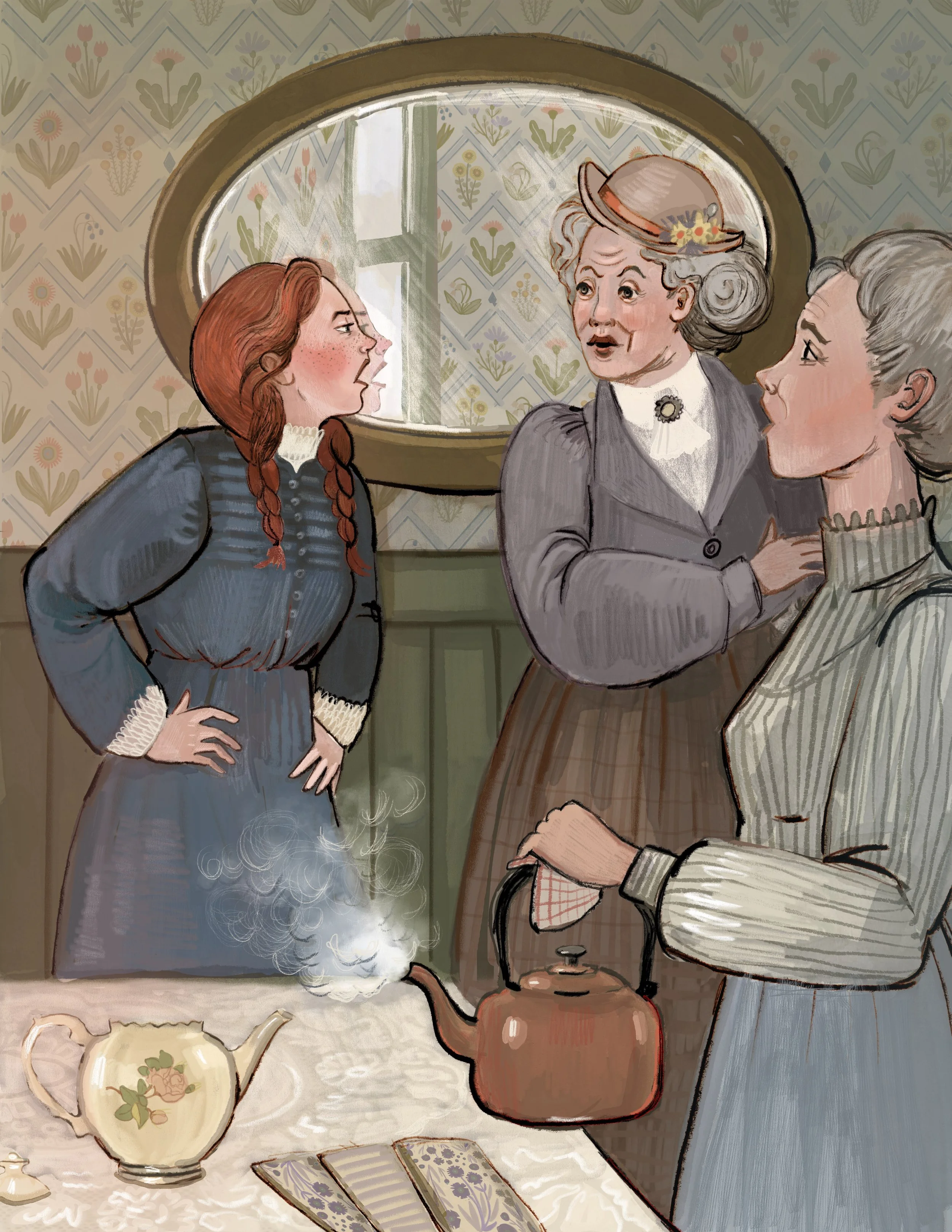 Anne Shirley confronts Mrs. Rachel Lynde with bold expression while Marilla stands nearby pouring tea, steam rising from a kettle on the table.