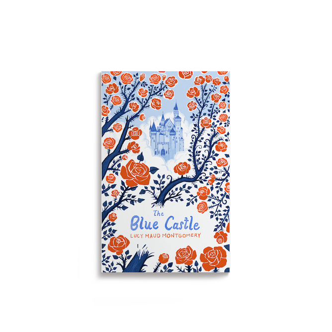 A book cover for 'The Blue Castle' by Lucy Maud Montgomery featuring a blue and orange illustration of a castle in the background, surrounded by blue and orange roses and branches.