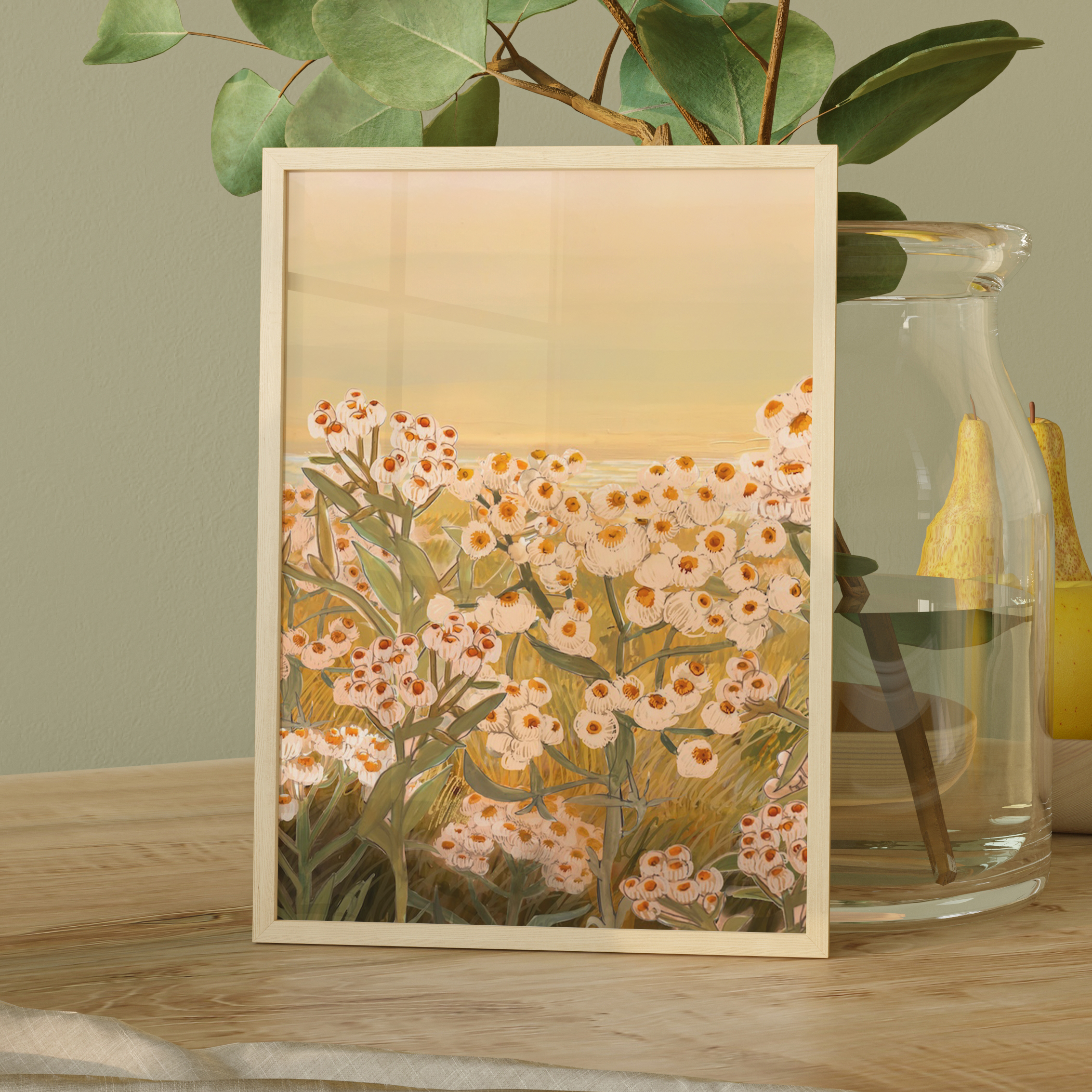 "Pearly Everlasting" botanical art print featuring clusters of soft white and pink wildflowers with an orange yellow glowing sky archival-quality illustration by Briana Corr Scott (Copy)