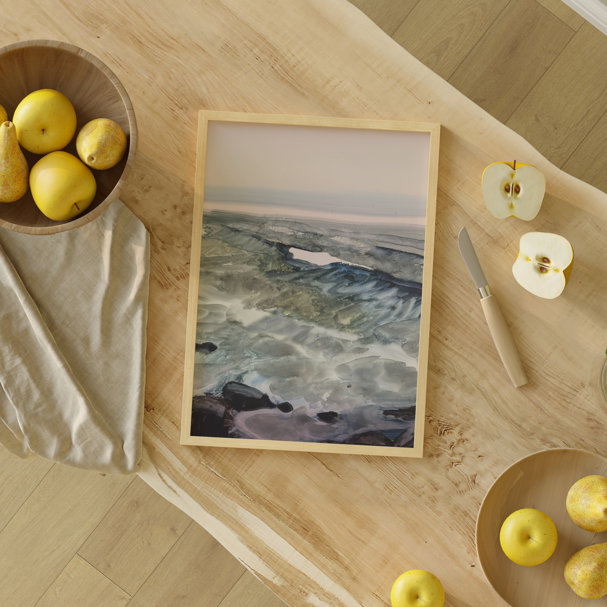 Moody Sea" art print featuring expressive ocean textures in stormy blues and greens under a pale pink sky, by Briana Corr Scott