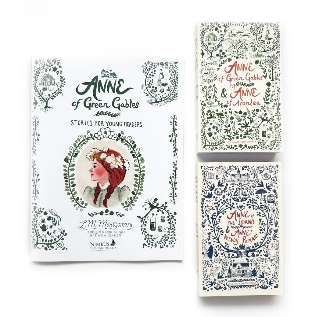 Illustrated cover of Anne of Green Gables, showing Anne Shirley with red hair and a flower crown, set against a soft pastel landscape – art by Briana Corr Scott