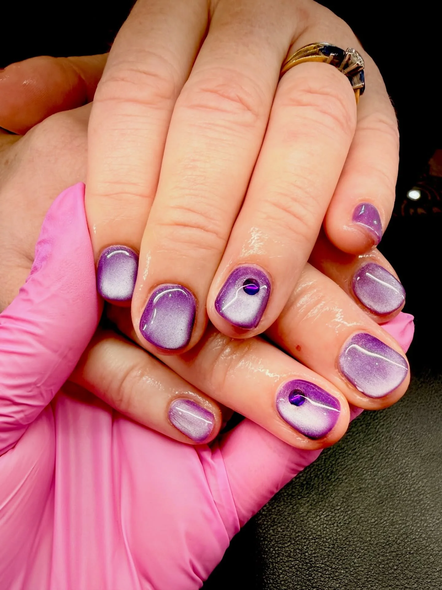 Lilac cat eye with purple gems, dedicated to Sara&rsquo;s mum 💜💟
So gorgeous! 

#biabnails #buildergelnails #cateyenails #manchesternailtech #heywoodsalon