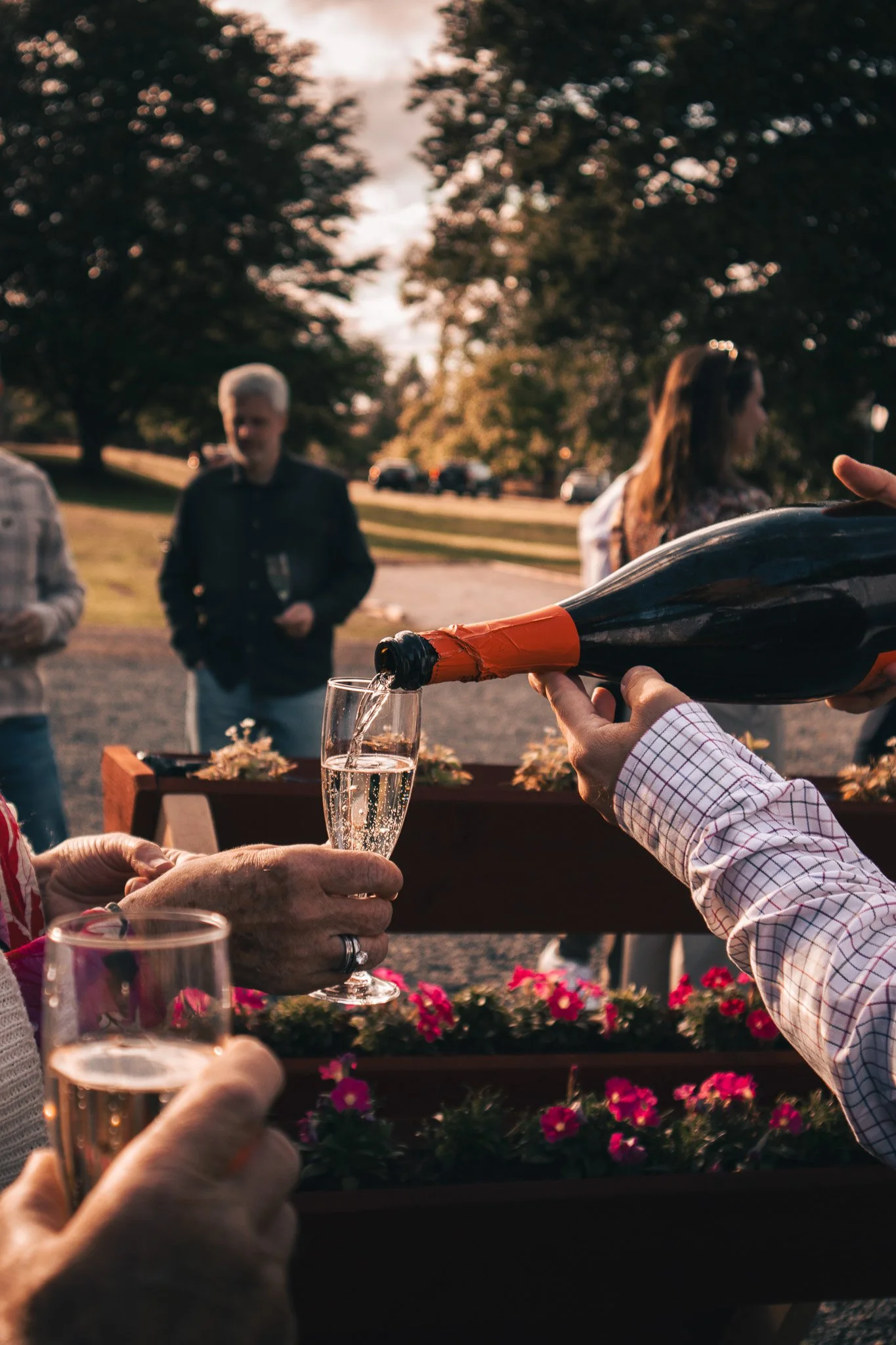 Person pouring champagne into a glass at an outdoor gathering during sunset with other people in the background.