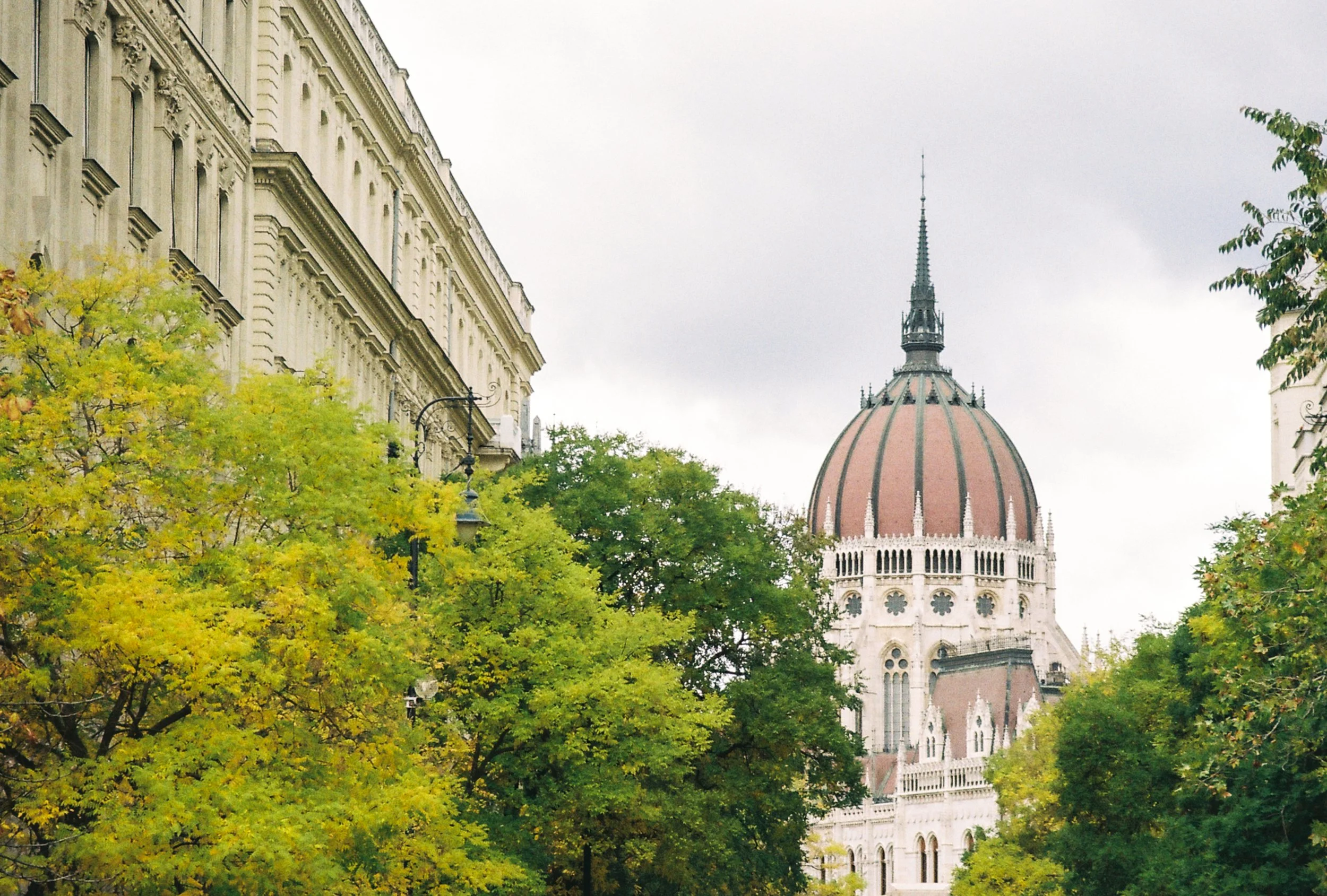 View of a historic building with a large domed roof and a tall spire, surrounded by green trees.