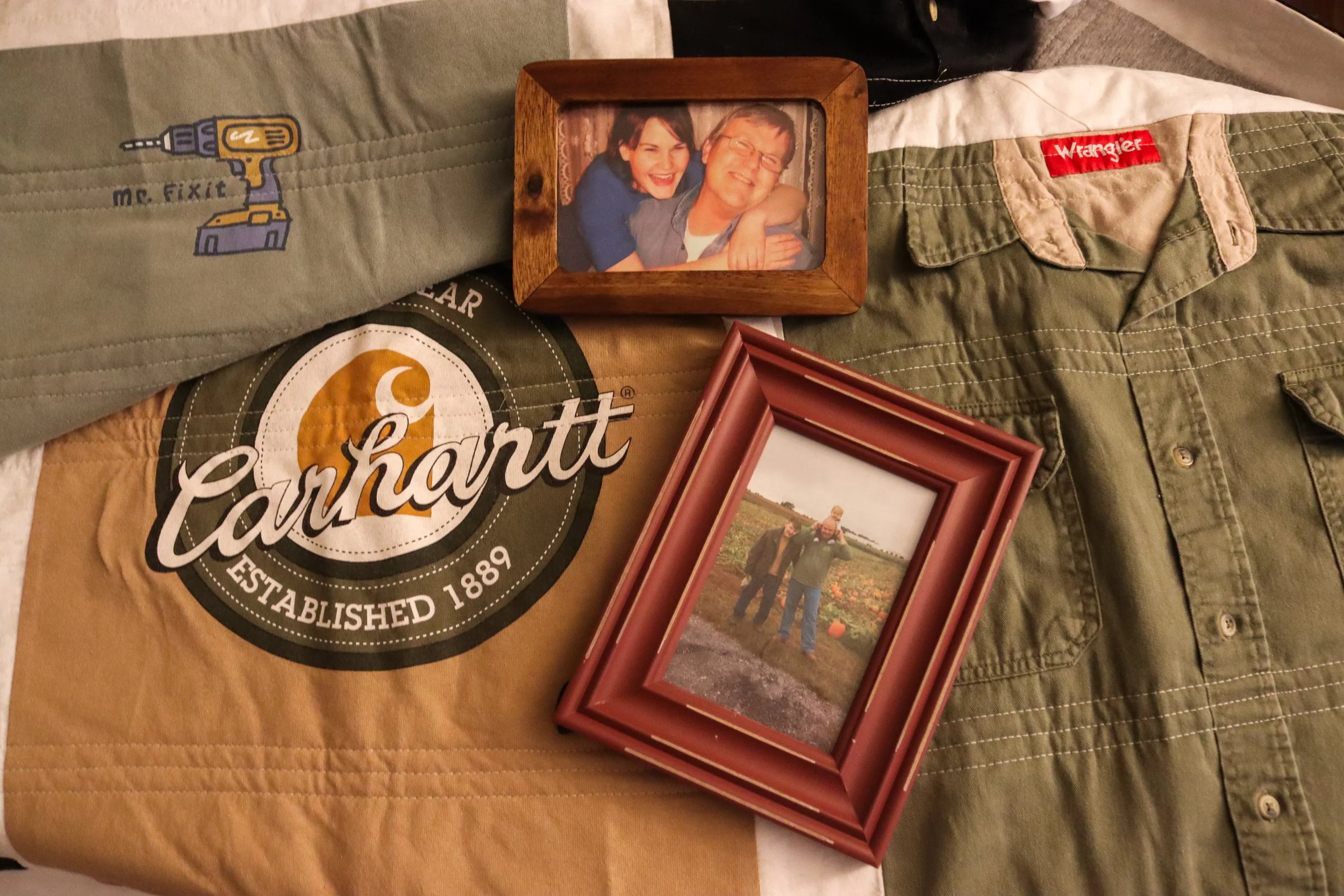 photos of beloved family member on shirt quilt