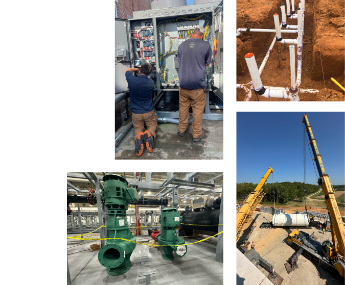 A collage of four images showing construction and installation work: two workers working on an electrical panel, a close-up of underground pipe plumbing, industrial pumps in a facility, and cranes installing large pipes at a construction site.