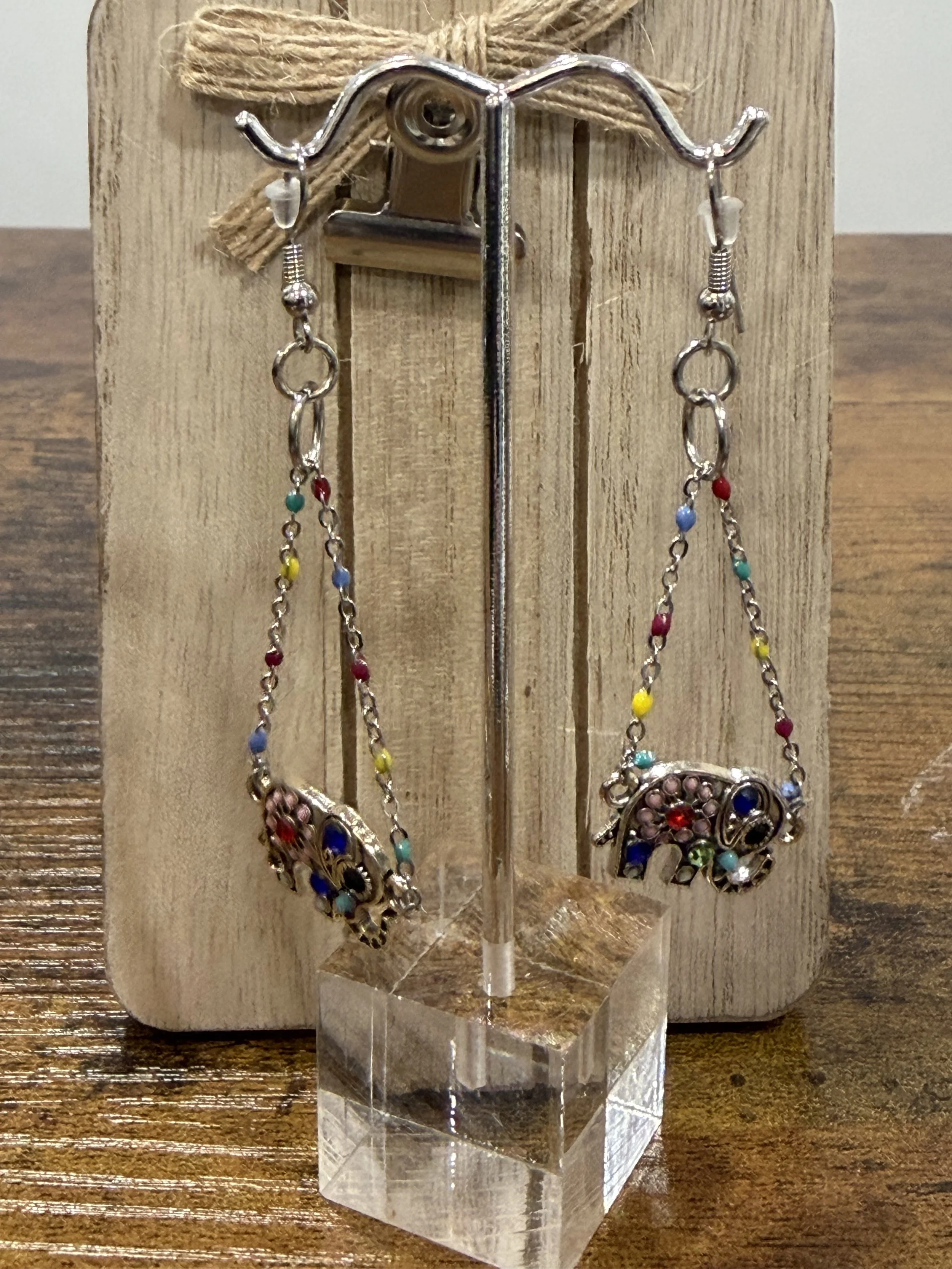 Elephant Balanced Beaded Chain Dangle Earrings