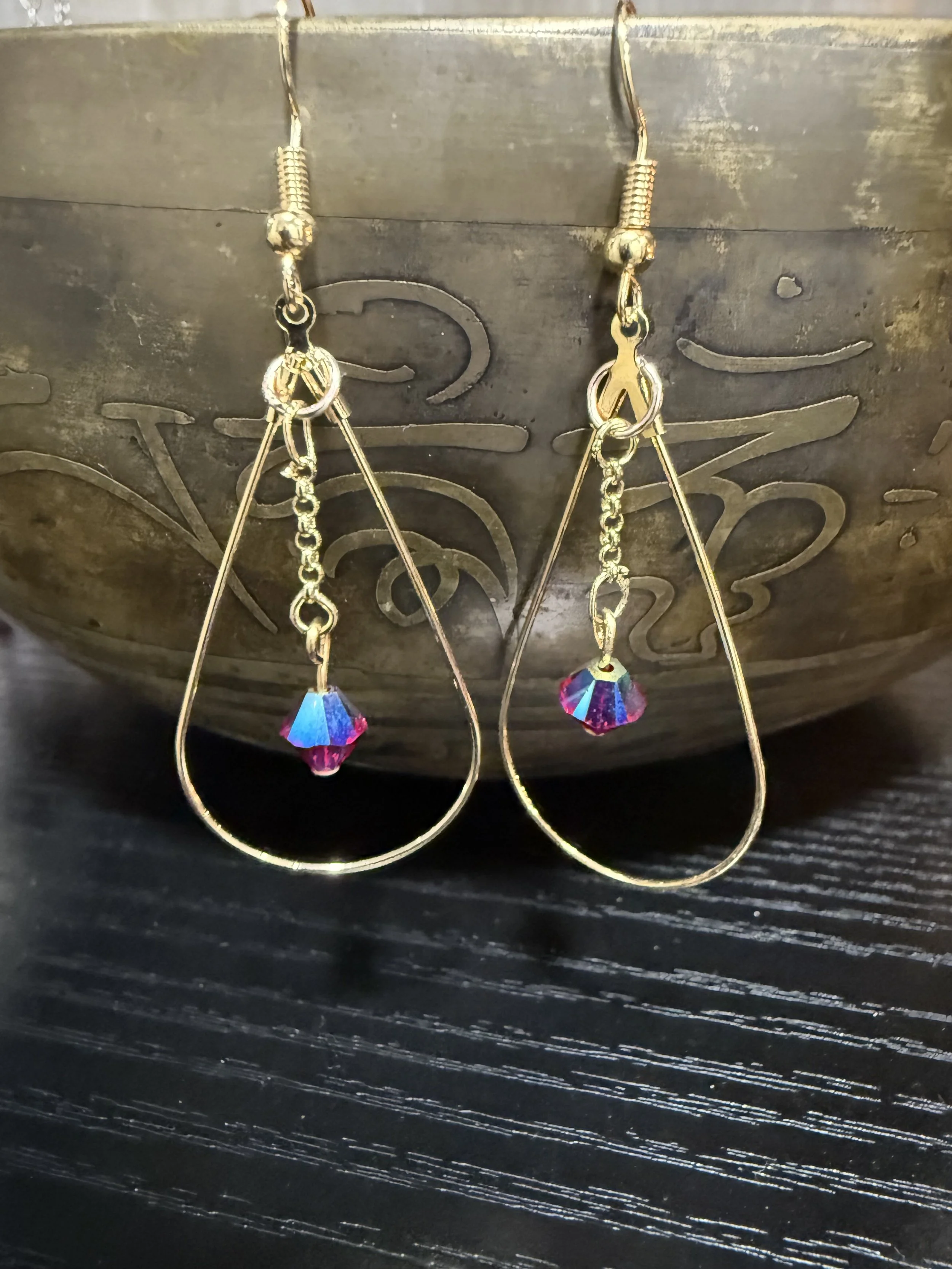 Gold Tear Drop Hoops with Balanced in the Tear Drop Blue Violet Swarovski Bicone Crystals