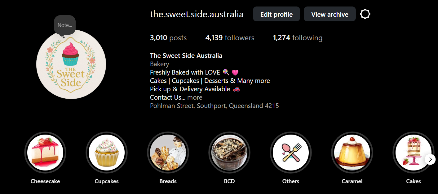 Instagram profile page for The Sweet Side Australia bakery, featuring a logo with a pink cupcake, contact information, and icons of various desserts such as cheesecake, cupcakes, bread, BCD, caramel, and cake.