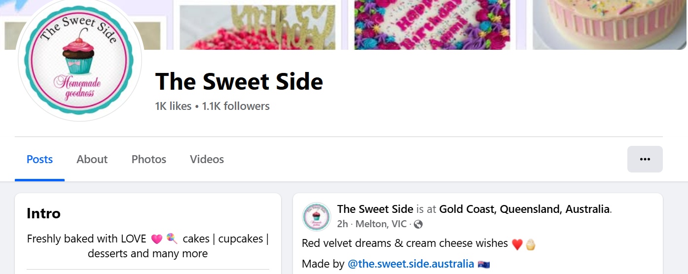 Profile header for The Sweet Side social media page, featuring a logo with a cupcake, the name 'The Sweet Side', and the slogan 'Homemade goodness'.