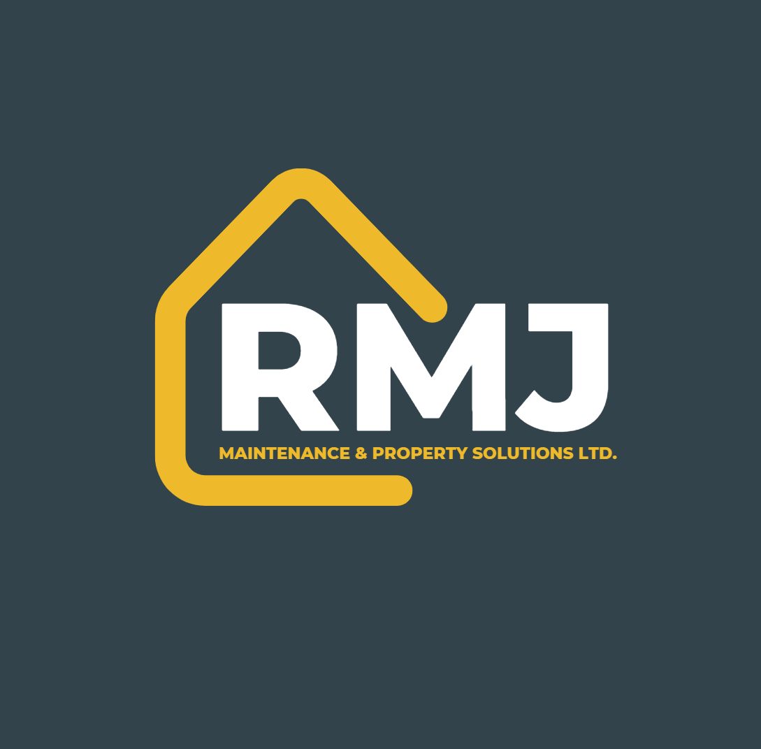 Logo for RMJ Maintenance & Property Solutions Ltd., featuring the letters RMJ inside a yellow outline of a house, with dark background and yellow text.