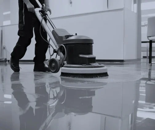 Person using a floor cleaning machine in an indoor space.