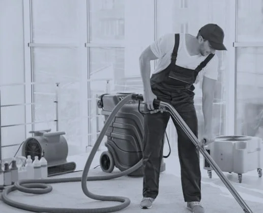 A man in work clothes using a carpet cleaning machine in a bright room with large windows.