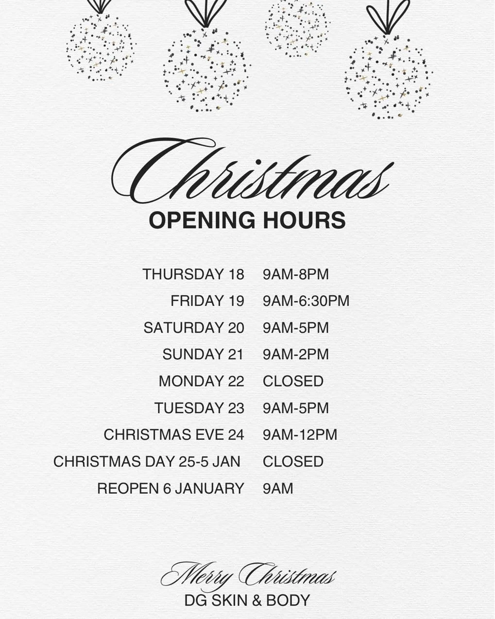 🎄 ✨Christmas Trading Hours ✨🎄

This festive season, we&rsquo;re extending our trading hours to give you the time to purchase the perfect pamper gift with our luxury gift vouchers &mdash; a beautiful way to indulge someone special.

Please note, we 