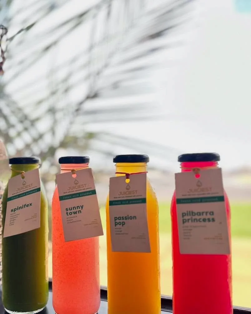 Our cold-pressed juices are made from 100% fruit &amp; vegetables 🍏🥕

No preservatives. No additives. Just pure goodness in every bottle.

In stock now:
🍊 Sunny Town
🌿 Spinifex
🍓 Passion Pop
🌸 Pilbara Princess
🍈 Juiciest Melon

Pop in this wee