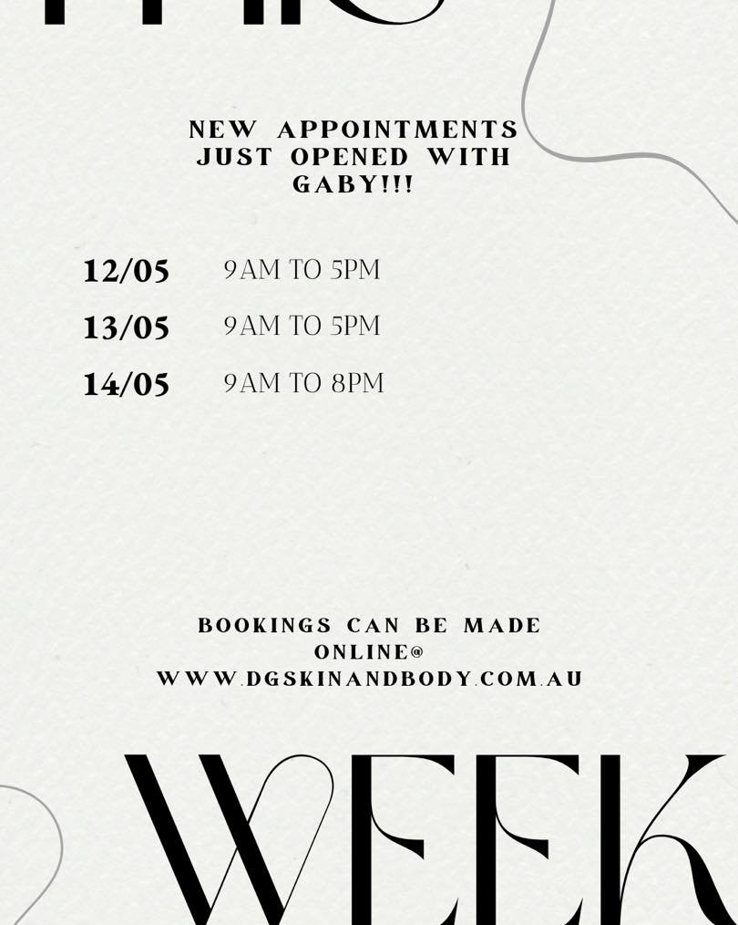 ✨ We&rsquo;ve opened up some new appointments this week with Gaby!

These spots won&rsquo;t last long, so if you&rsquo;ve been waiting to book in for some self-care, now is the perfect time 🤍

Secure your appointment online now via
DG Skin &amp; Bod