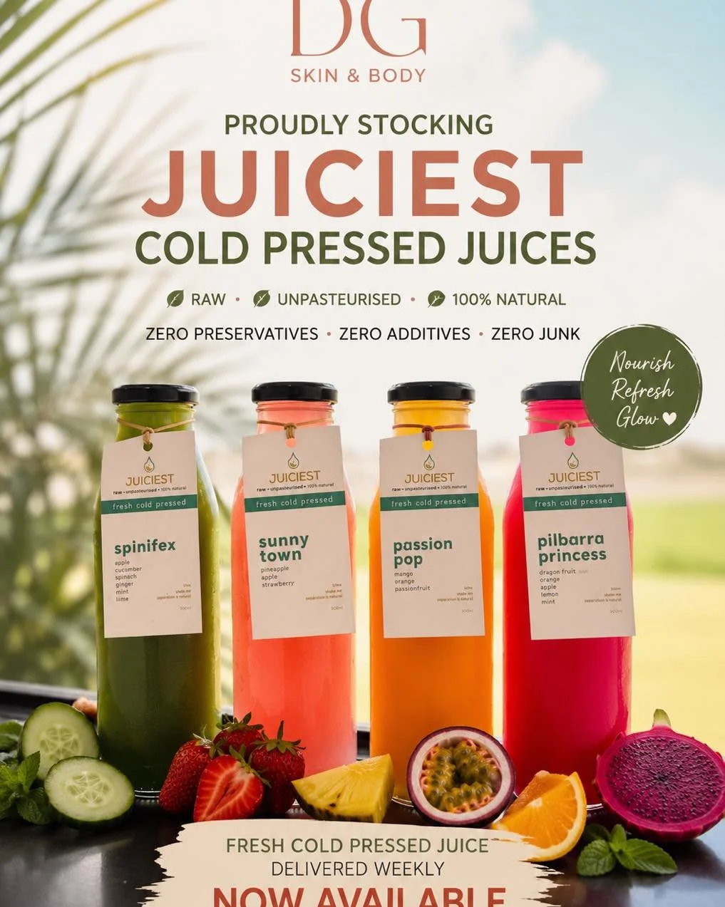 The clinic just got juicier. 🍊

Fresh, nourishing and packed with goodness &mdash; Juiciest Cold Pressed Juices are now available at DG Skin &amp; Body!

Made from fresh ingredients and delivered weekly, these cold-pressed juices are the perfect add