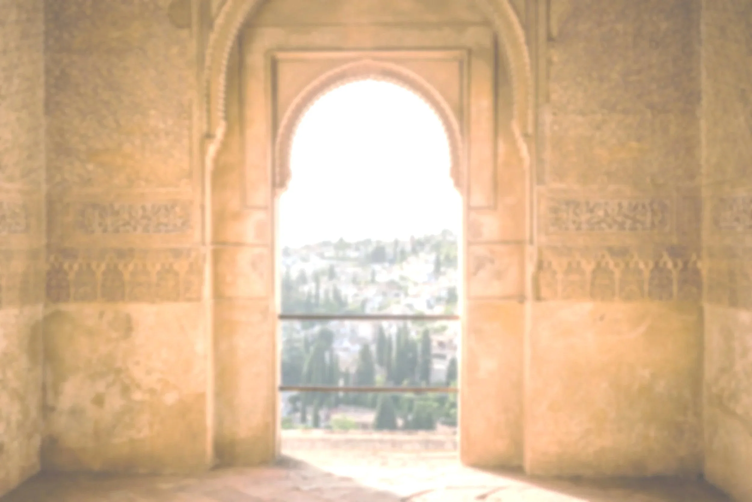 View through an ornate arched window with intricate carvings, showing a bright outdoor landscape with trees and hills in the distance.