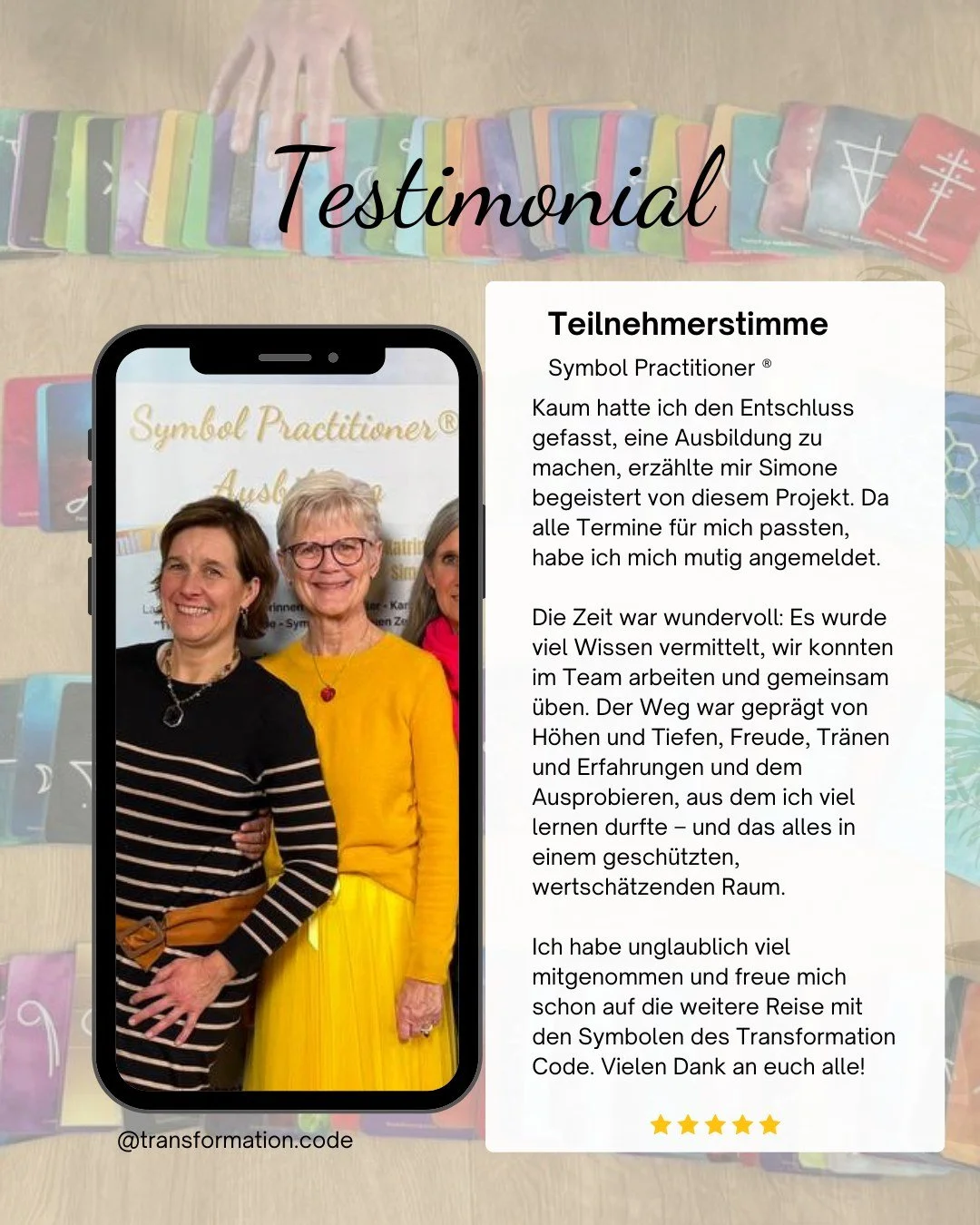 Kundenstimme ⭐️⭐️⭐️⭐️⭐️

"Kaum hatte ich den Entschluss gefasst, eine Ausbildung zu machen, erz&auml;hlte mir Simone begeistert von diesem Projekt. Da alle Termine f&uuml;r mich passten, habe ich mich mutig angemeldet.

Die Zeit war wundervoll: 