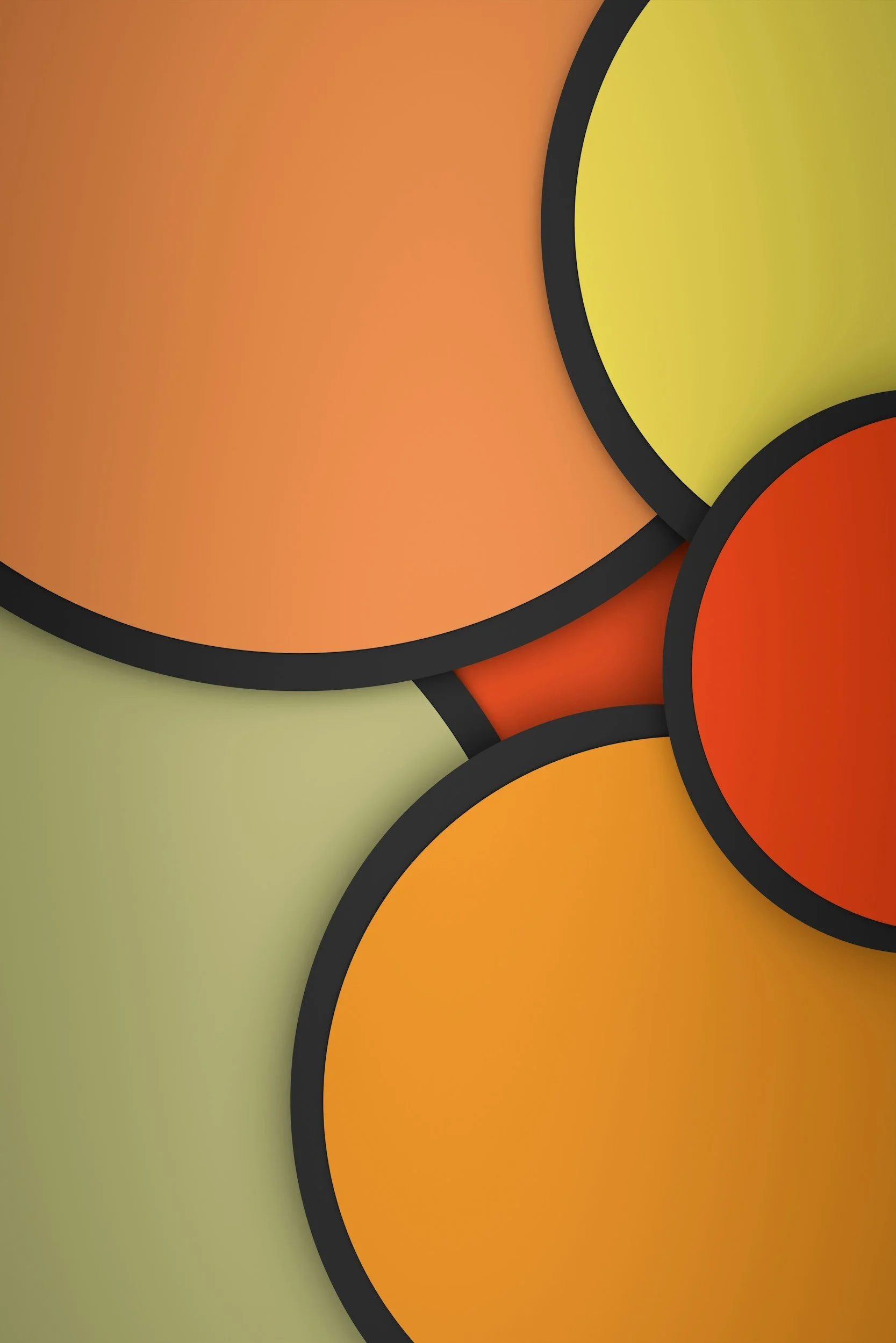 Abstract design of overlapping circles in shades of orange, yellow, and red with black borders on a beige background.