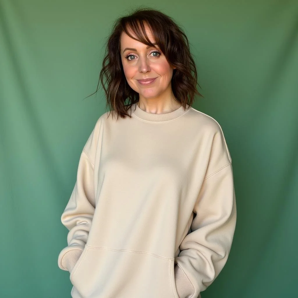 A woman with shoulder-length dark brown hair wearing a beige sweatshirt, standing against a green background.