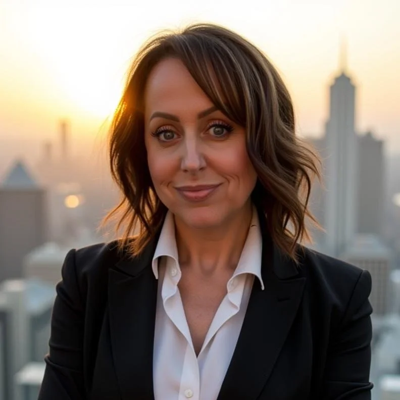 A woman in a business suit with shoulder-length brown hair, standing outdoors during sunset in a city skyline background.