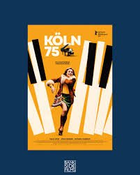 Poster celebrating 75 years of Köln with a woman, a cat, and a dog, featuring piano keys and text in German.