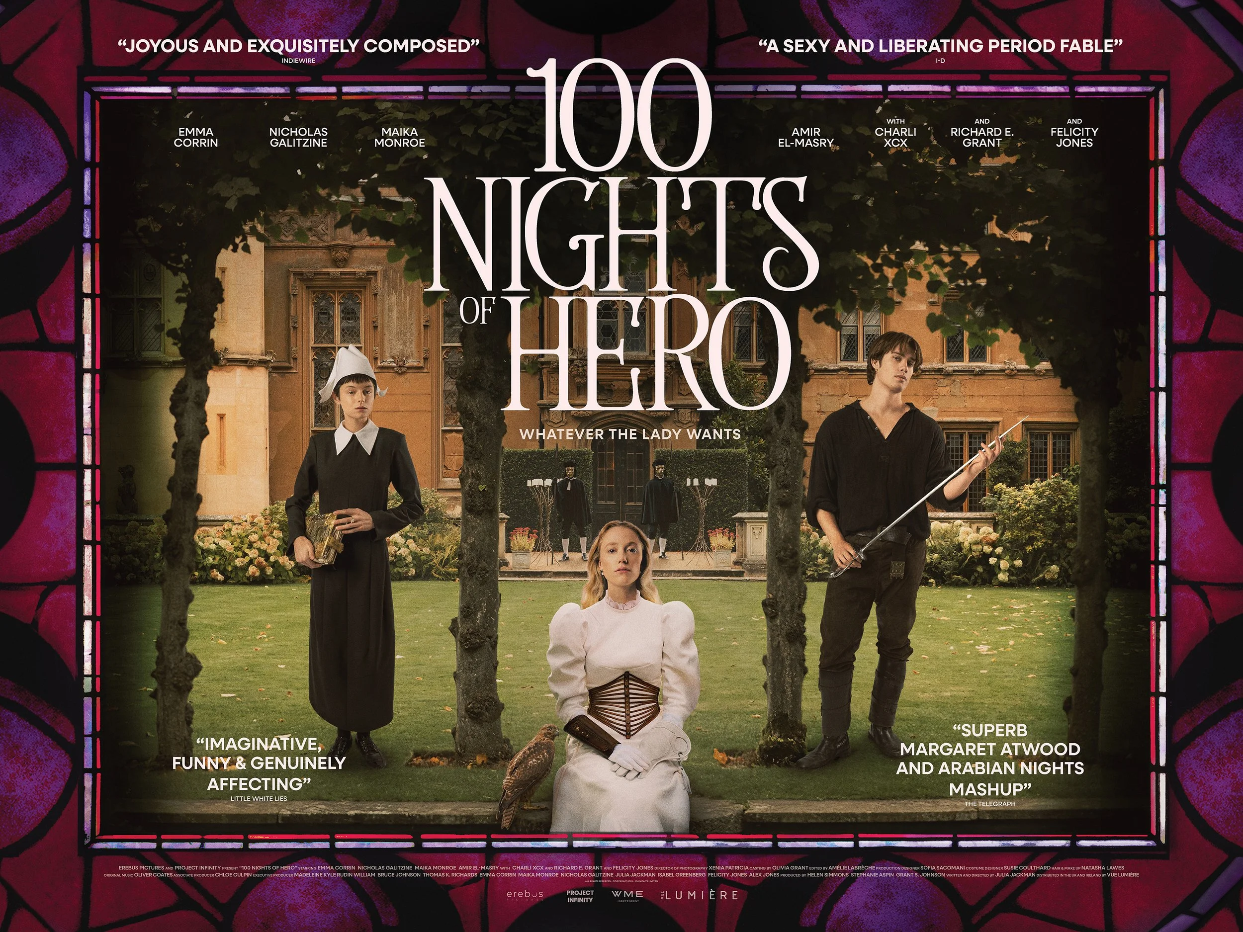 Promotional poster for the film "100 Nights of Hero," featuring three characters in period costume outside a grand estate. A woman in a white dress with a corset sits on a bench, flanked by two others: a woman in a black dress and bonnet holding a book, and a man in black holding a fencing sword. The scene is framed by trees and the estate in the background.