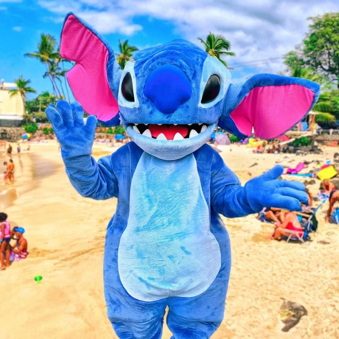 Inspired by Lilo & Stitch on a beach with people, umbrellas, and palm trees.