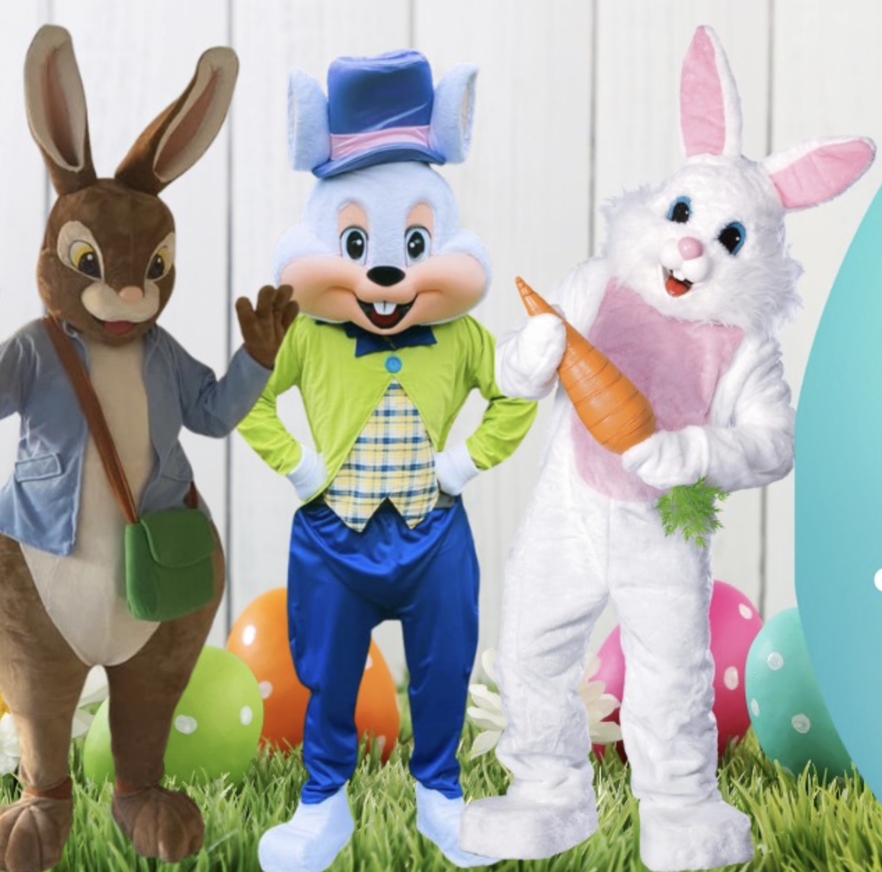Costumes of the Easter Bunny holding a carrot, standing on grass with colorful Easter eggs in the background.