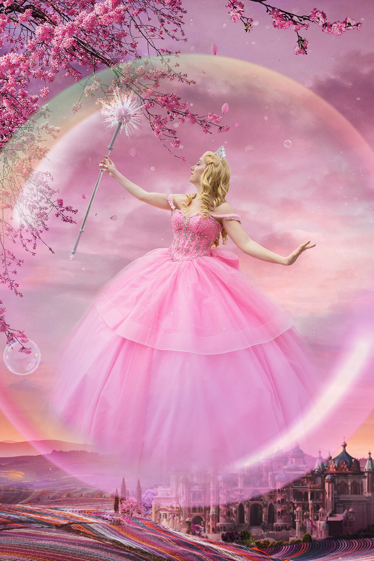 Woman dressed in Glinda inspired ballgown holding a wand.