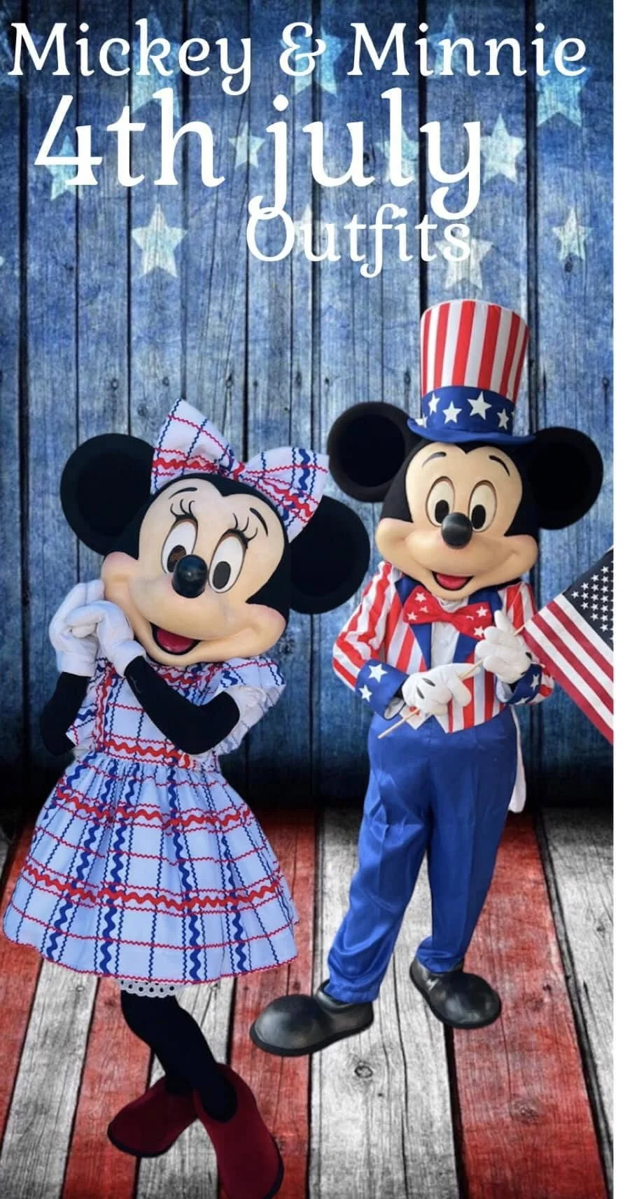 Mickey Mouse and Minnie Mouse dressed in patriotic 4th of July outfits holding American flags, standing against a wooden background.