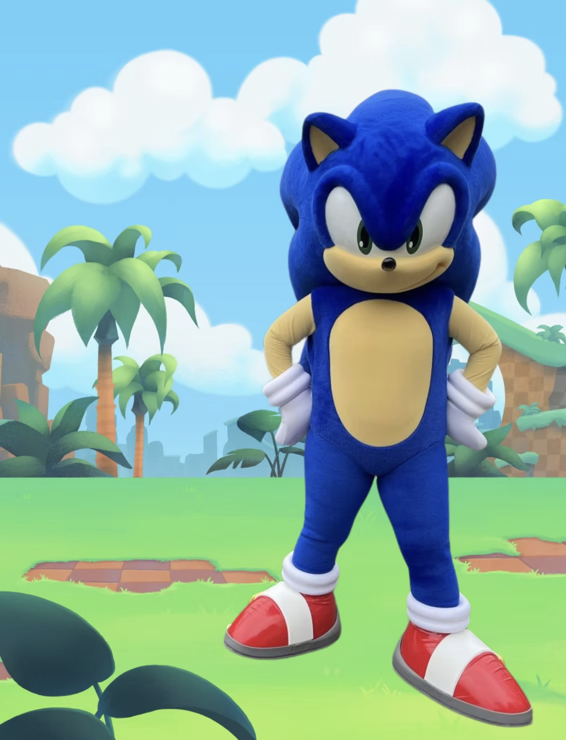 Costumed character of Sonic the Hedgehog standing outdoors with trees and a blue sky in the background.