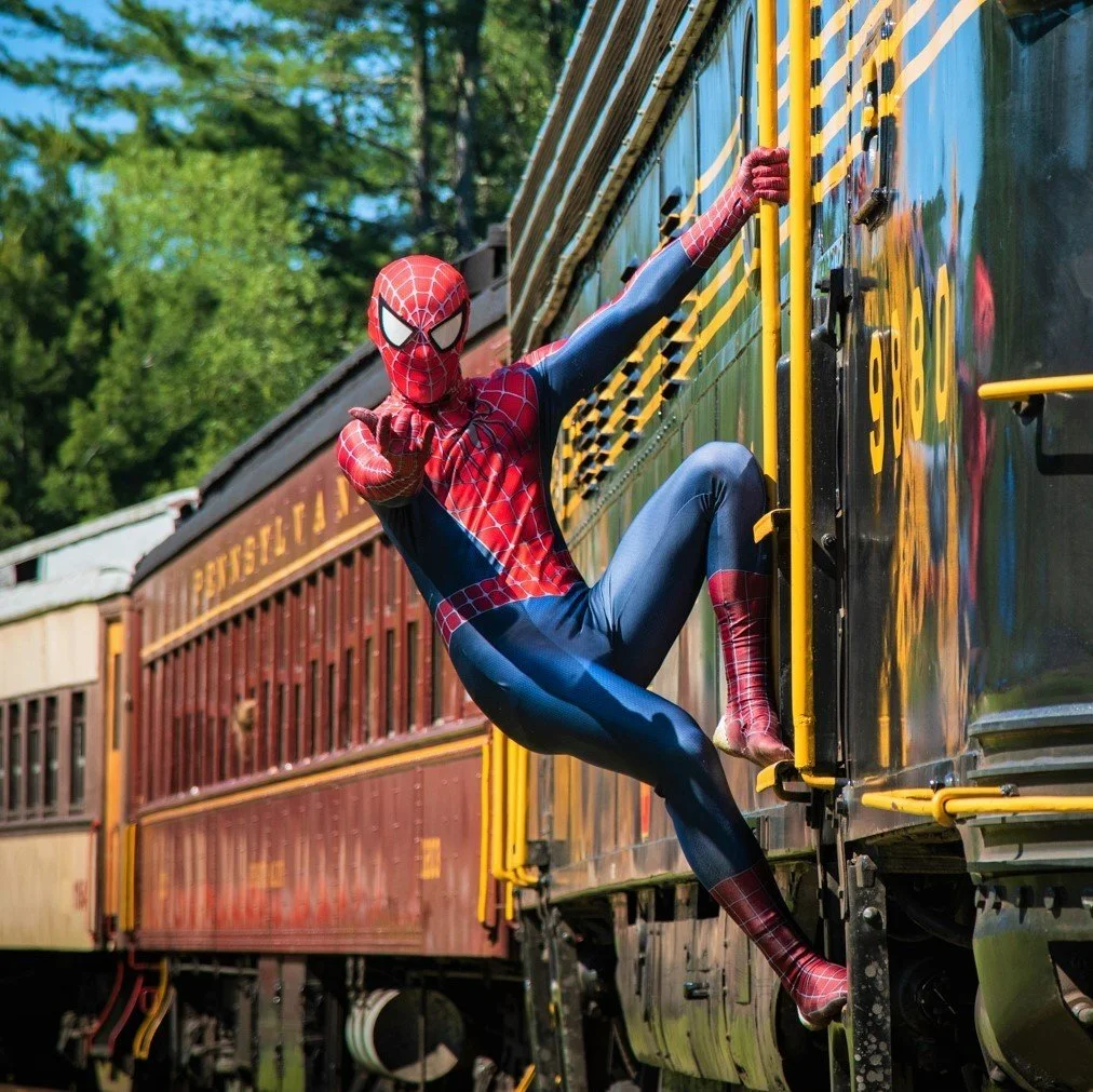Spider-Man in his costume hanging on the side of a train car, with a background of green trees and moving train cars.