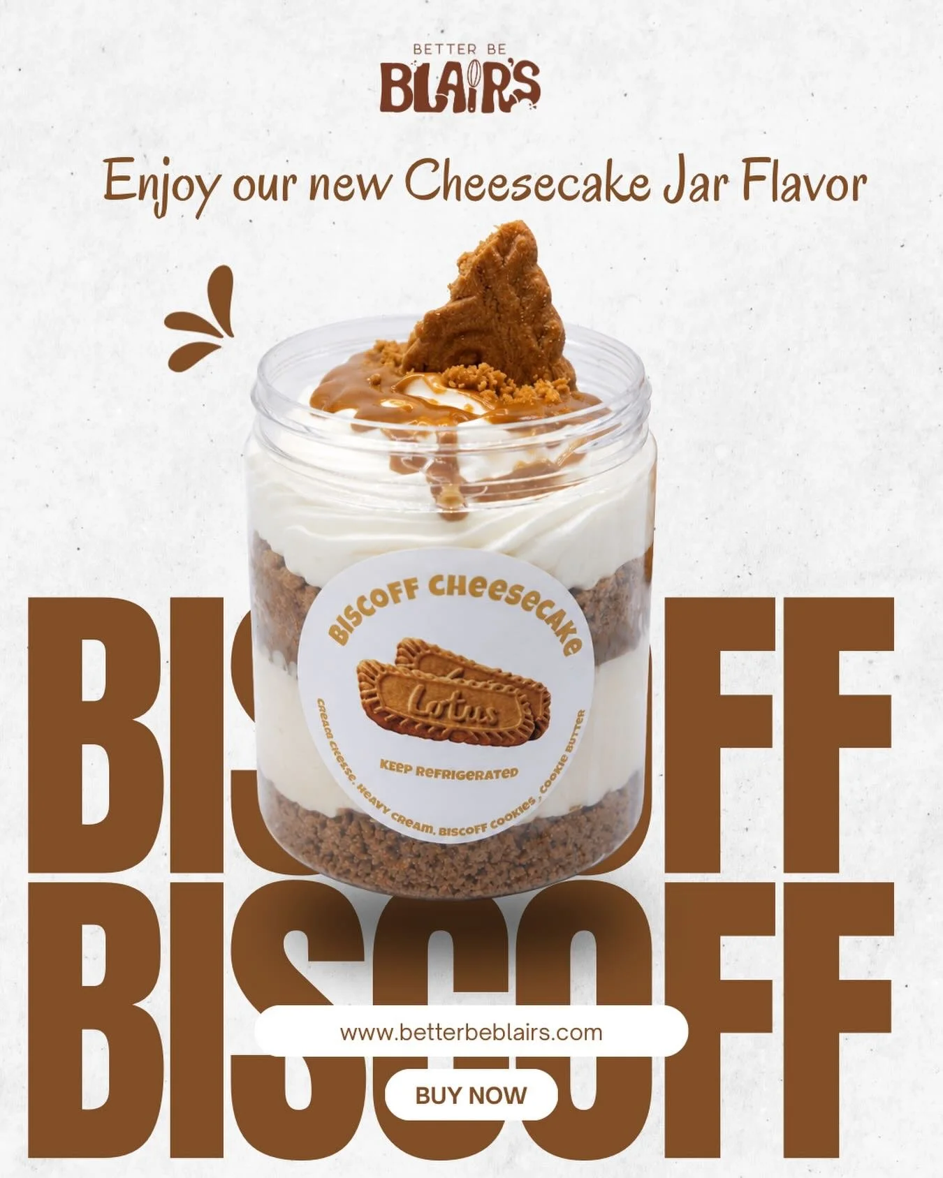 ✨ NEW FLAVOR ALERT ✨
Our Biscoff Cheesecake Jar is finally here 🤎🍪

Layered with bits of Biscoff cookies, homemade cheesecake, and rich creamy cookie butter in every bite 😍 This dessert jar is smooth, crunchy, sweet, and packed with that signature