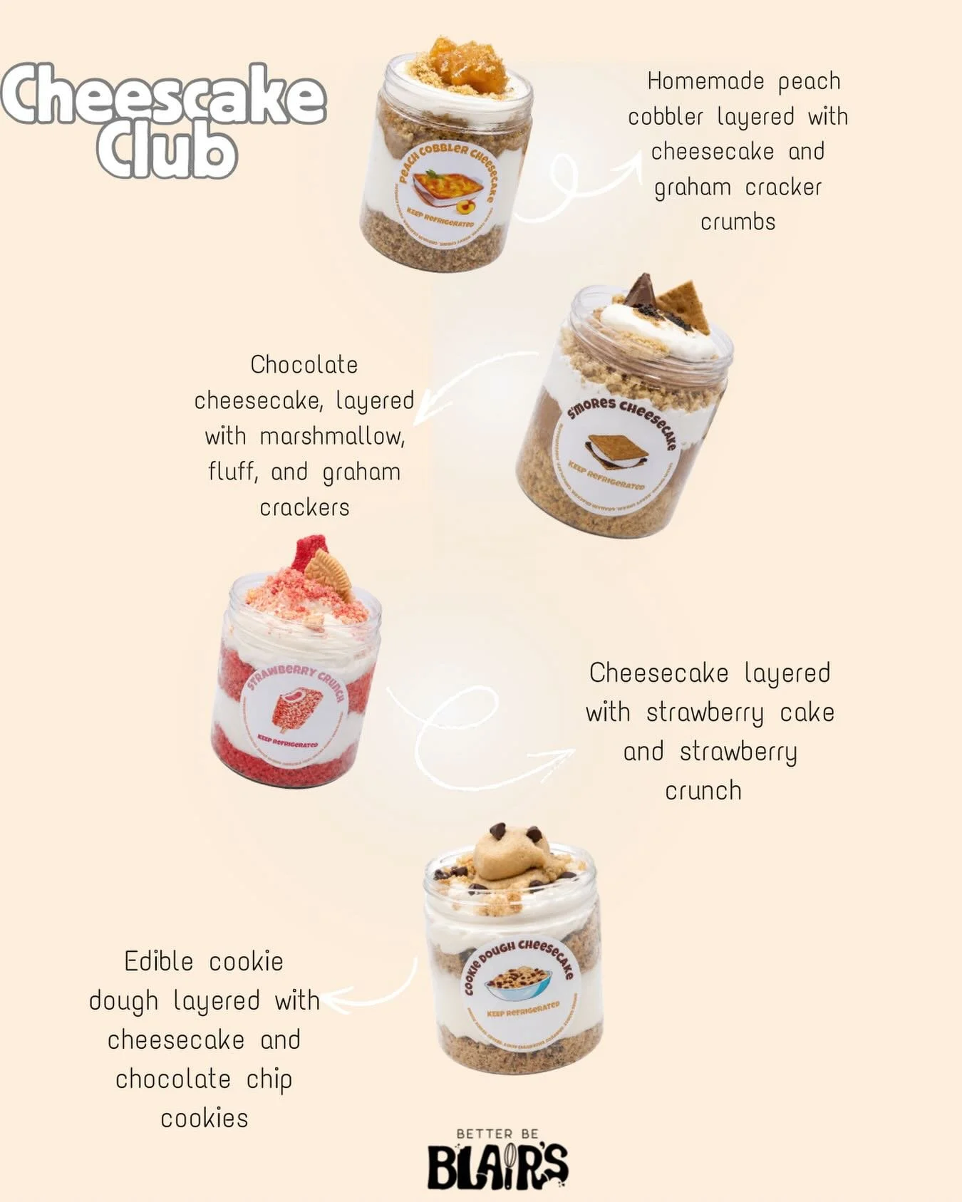 THE NEW CHEESECAKE JARS ARE HEREEEE 😭🍰✨
and they&rsquo;re layered with all the good stuff 

🍓 Strawberry Crunch
🔥 S&rsquo;mores
🍑 Peach Cobbler
🍪 Cookie Dough

made fresh, layered to perfection, and SOOOOOO  good 😮&zwj;💨🤍
which one are you g