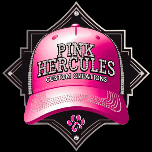 Pink baseball cap with rhinestones, displaying the text "Pink Hercules Custom Creations."