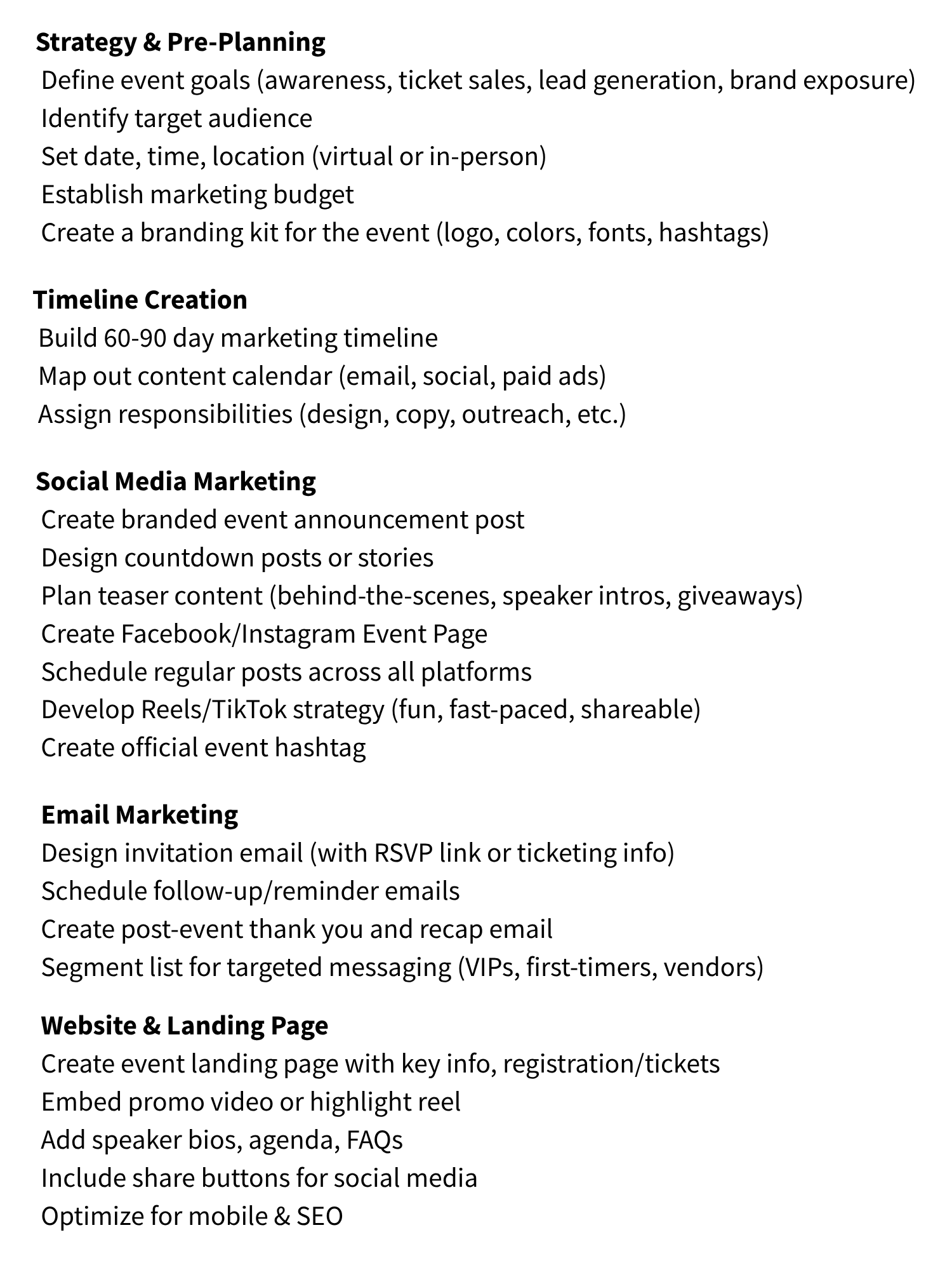 Event planning checklist detailing strategy, pre-planning, timeline creation, social media marketing, email marketing, and website landing page steps.