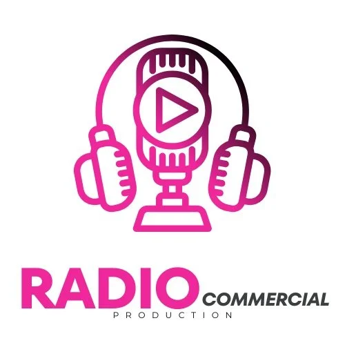Logo with a vintage microphone wearing headphones, and a play button on the microphone. Text reads 'RADIO COMMERCIAL PRODUCTION'.