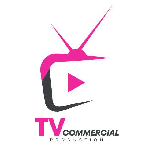 Logo of a TV channel with a stylized pink and black TV icon and a pink play button, with the words "TV Commercial Production" beneath.
