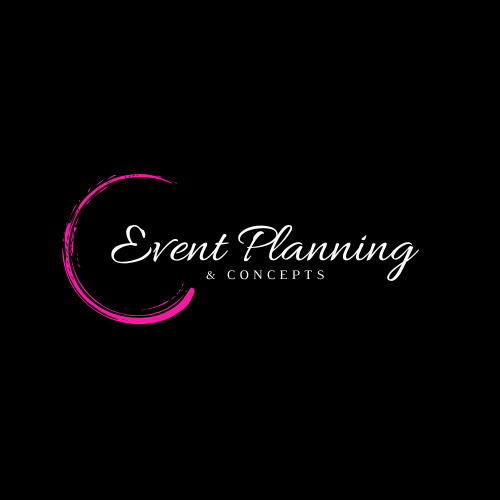Logo for Event Planning & Concepts with a black background, a pink circular brush stroke, and white elegant text.
