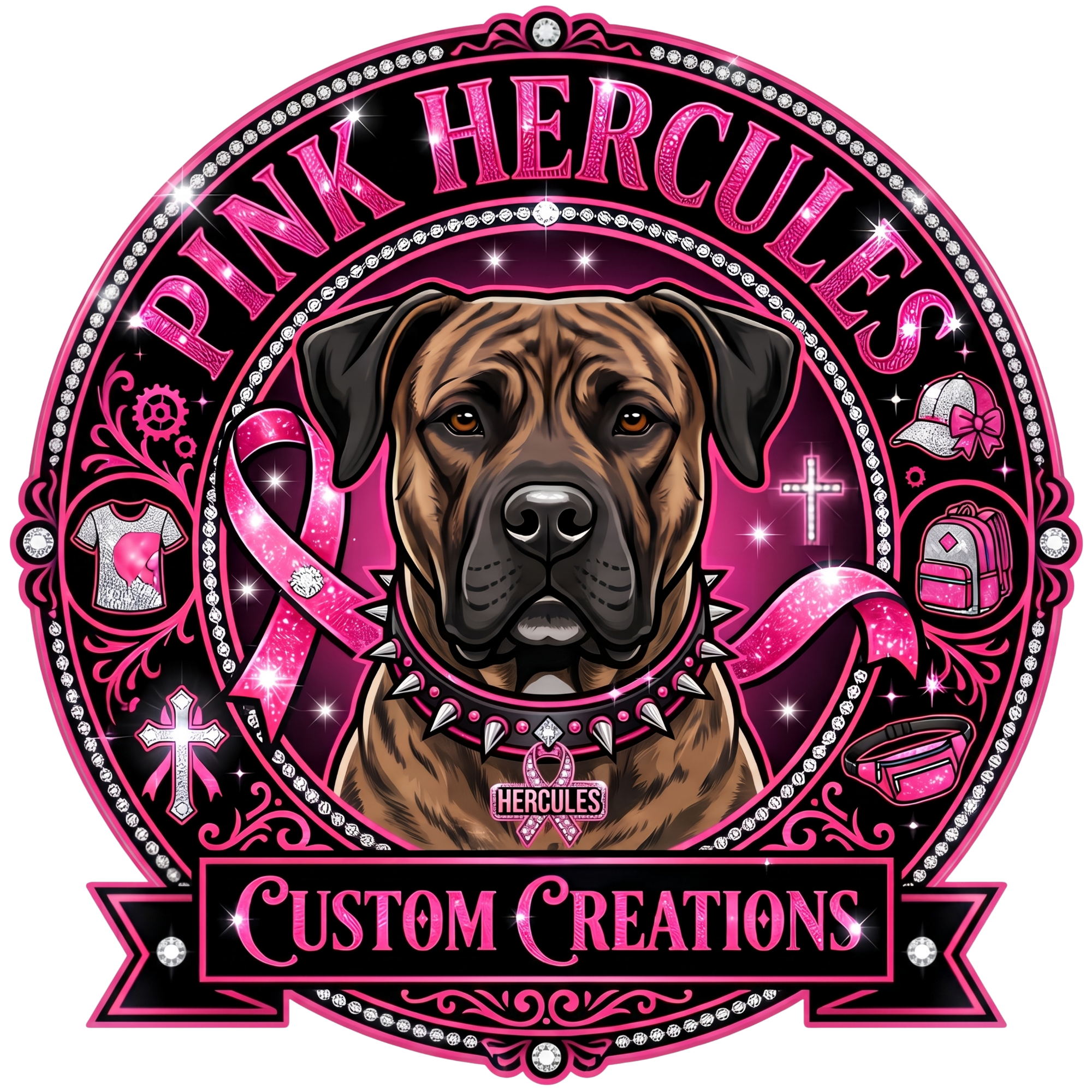 "Pink Hercules Custom Creations" text embedded in a circular logo with a Presa Canario Dog and various custom retail items surrounding him next to a pink ribbon representing breast cancer awareness.