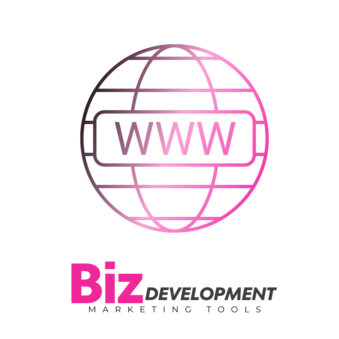 A pink and black logo featuring a globe with 'WWW' in the center and the text 'Biz Development Marketing Tools' below.