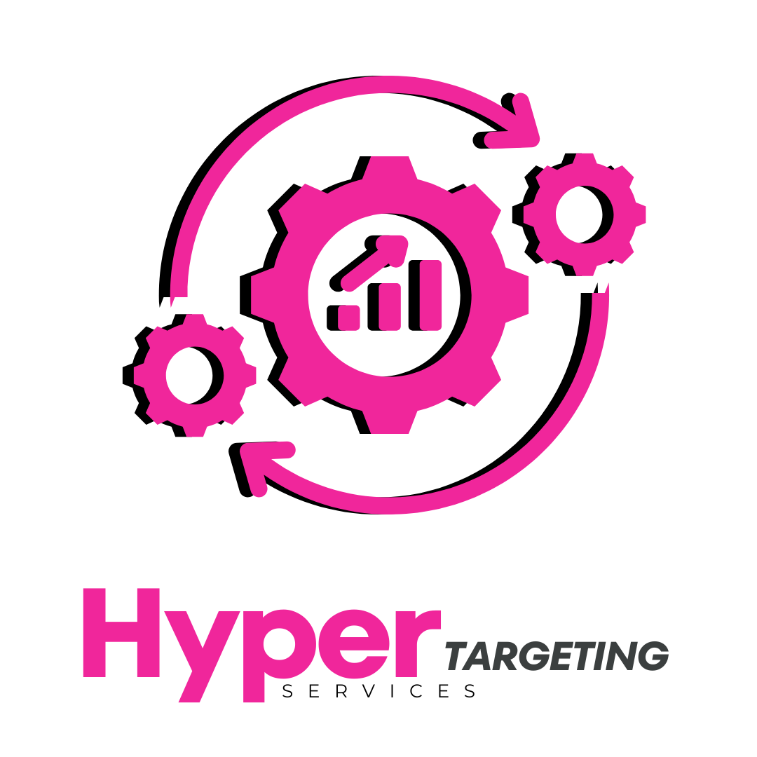 Logo for Hyper Targeting Services featuring three pink gears with a bar graph and upward arrow inside the central gear, and circles with arrows indicating a process cycle.