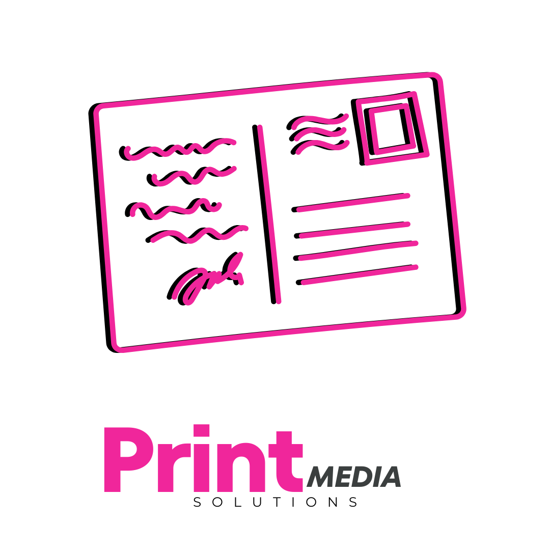 A digital illustration of a postcard with pink and black lines, featuring handwritten notes and a barcode. Below the postcard, there is the text 'Print Media Solutions' with 'Print' in pink and 'MEDIA SOLUTIONS' in black.