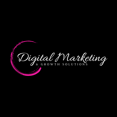 Digital Marketing & Growth Solutions logo with black background, pink swirl, and white text