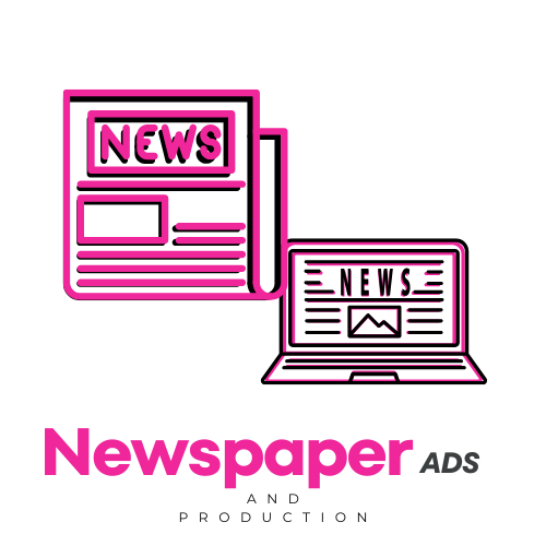 Illustration of a newspaper and a laptop displaying news, with the text 'Newspaper Ads and Production' at the bottom.