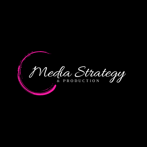 Logo for Media Strategy & Production with a black background, pink brushstroke, and white cursive text.