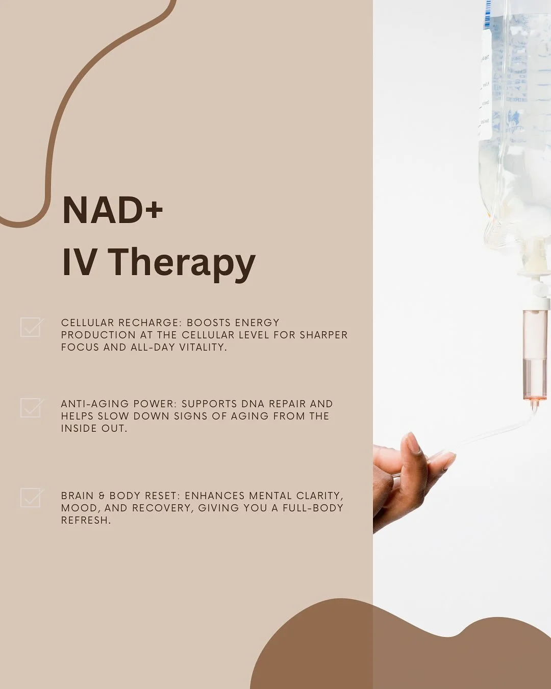 ✨ Fuel Your Body. Recharge Your Mind. ✨
Boost energy, strengthen immunity, fight fatigue, and support anti-aging&mdash;all in one drip! 💧

🌟 NAD+ IV Therapy: Cellular recharge, mental clarity, and anti-aging power.
🌟 Myers IV Therapy: Immune armor